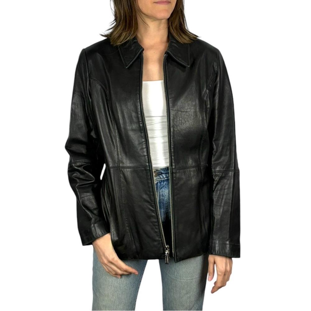 SIENA STUDIO 90S CLASSIC BLACK LEATHER LAMBSKIN COLLARED ZIP UP BLAZER JACKET